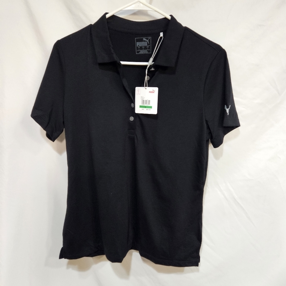 Puma Sport Gusion Black Fitted Stretch Large Short Sleeve Golf Polo Solid NWT